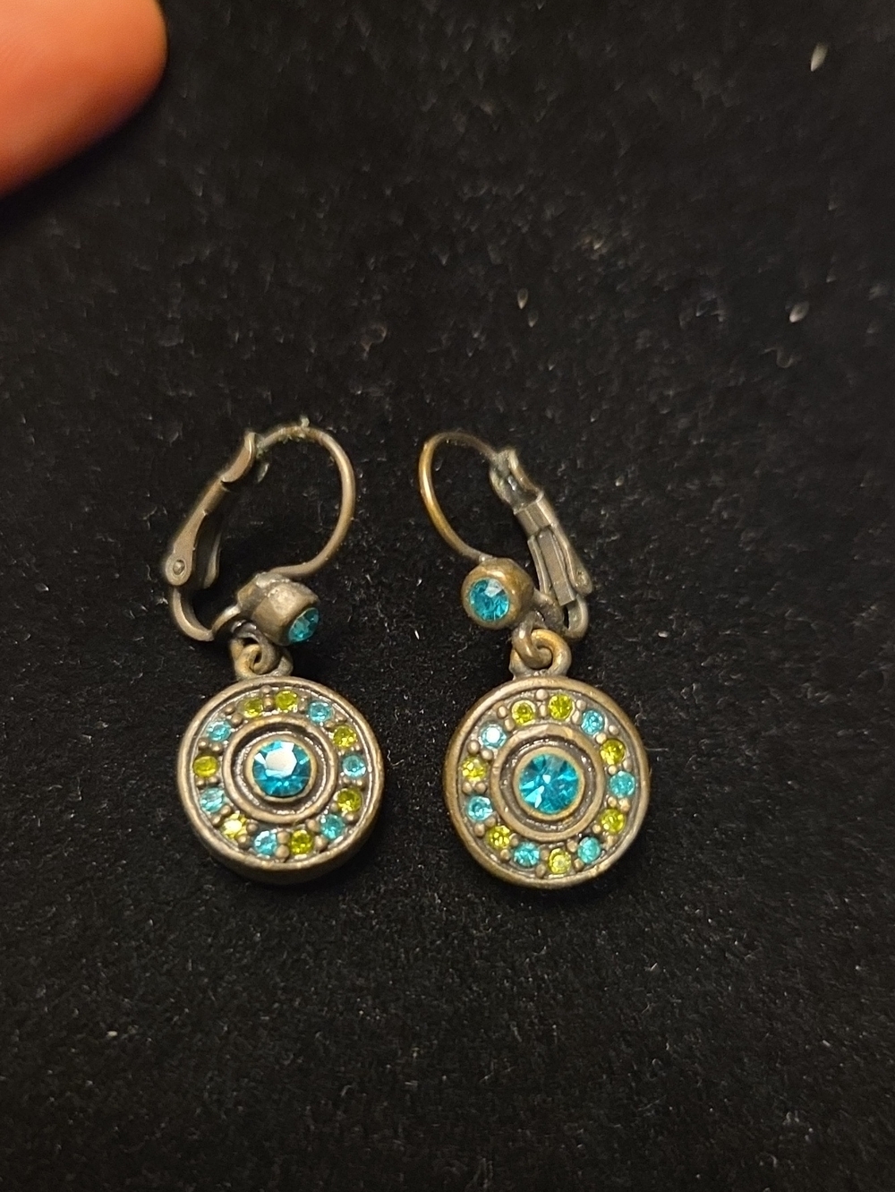 Blue and Lime Crystal Round Drop Earrings
